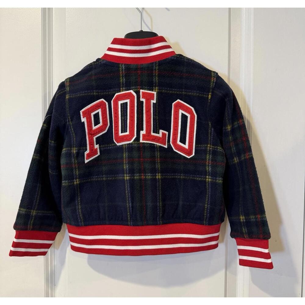 Polo Ralph Lauren Girls Varsity Plaid Fleece Baseball Jacket 2T Navy Red NEW